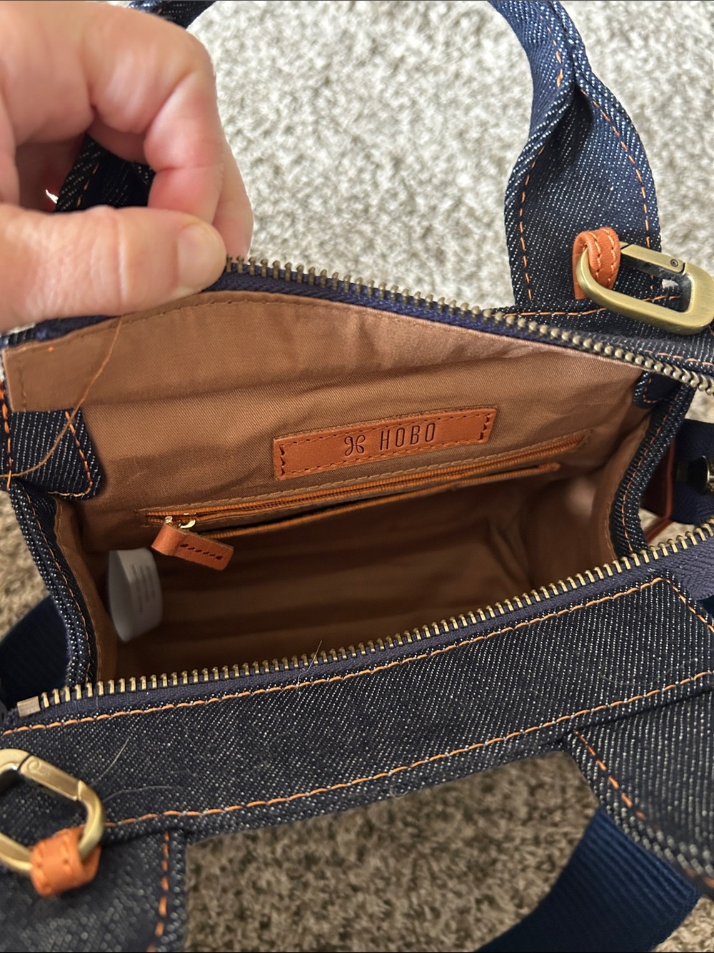 HOBO Denim Top-Handle Bag with Patterned Navy & Rust Strap - Picture 4 of 6